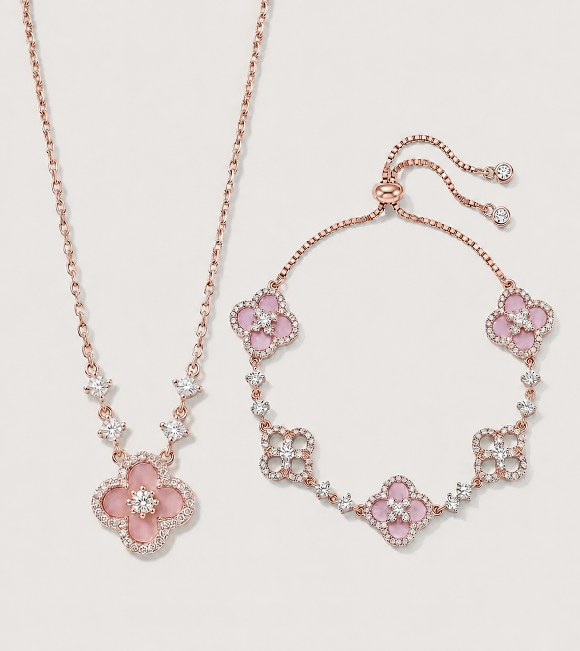 Lucky Pink Clover Set 幸运粉贝四叶草套链