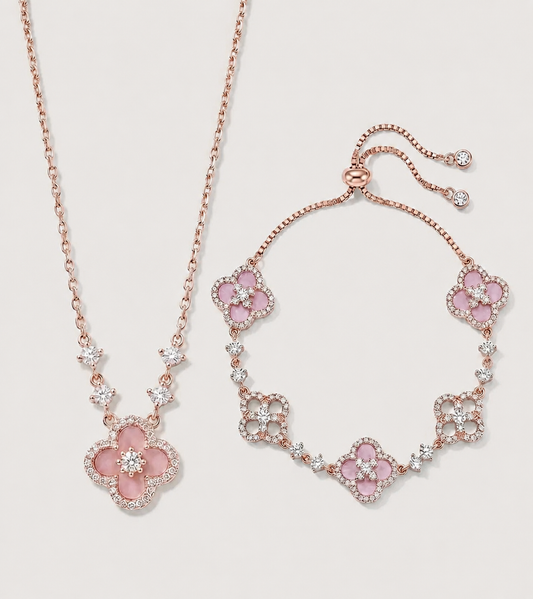 Lucky Pink Clover Set 幸运粉贝四叶草套链